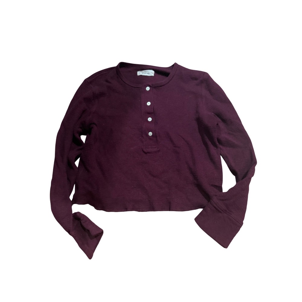 Everlane Womens Burgundy‎ Waffle Knit Cropped Henley Long Sleeve Top Small